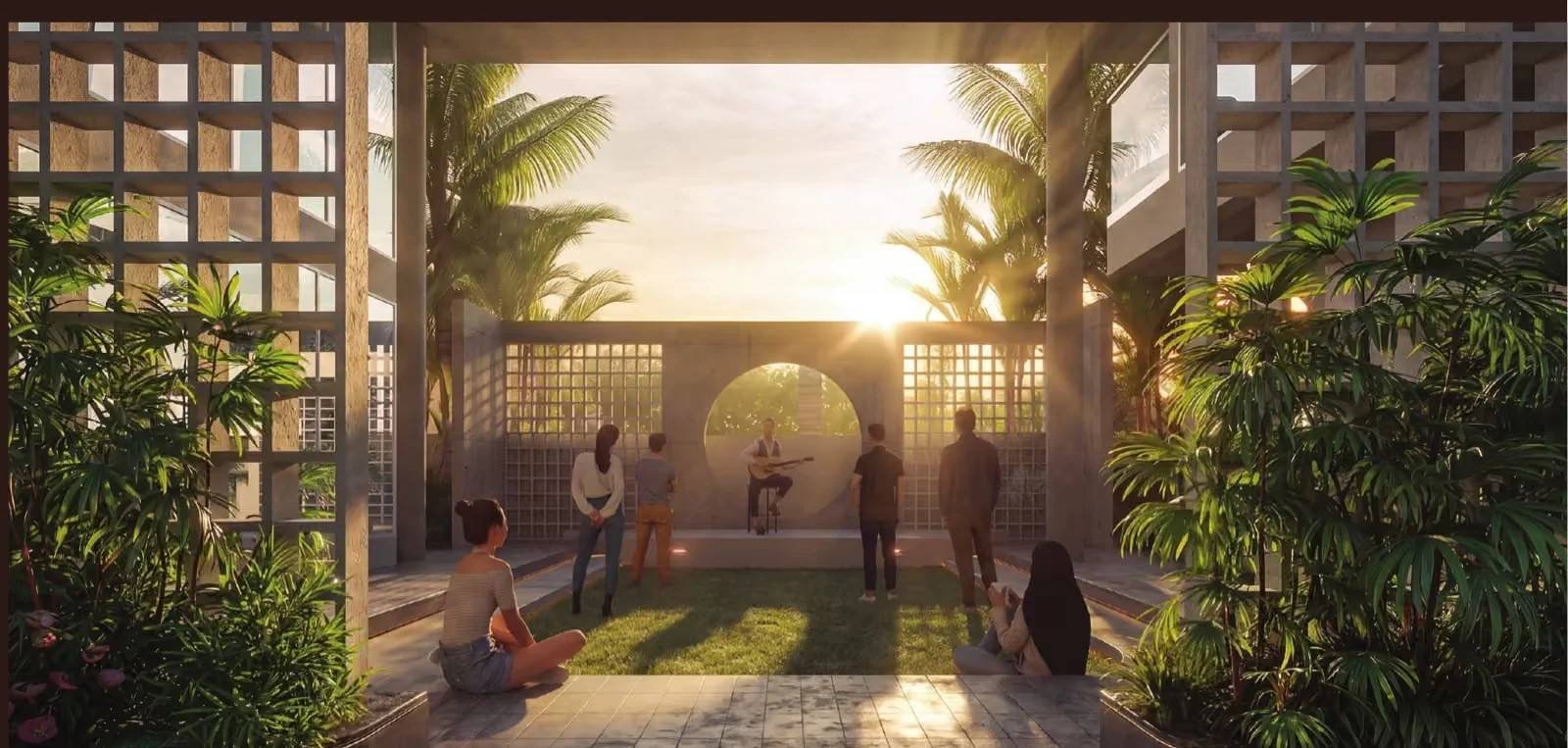 Courtyard seating at Mangalam Momento Moshi — pavilion and community space