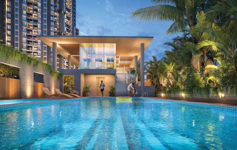 Swimming pool at Mangalam Momento Moshi — 30+ amenities on Pune–Nashik Highway